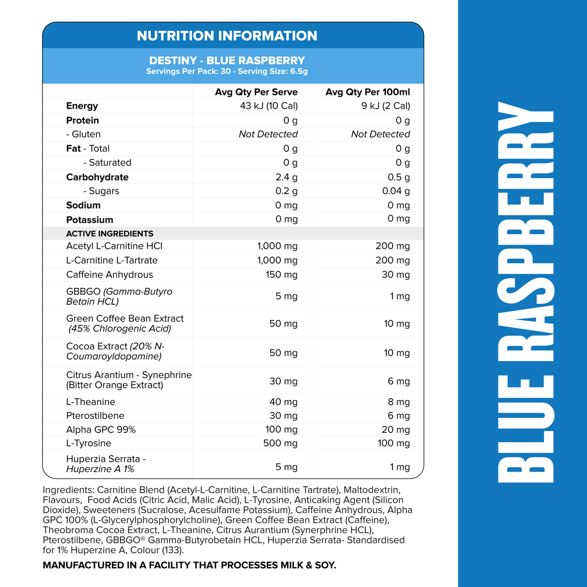 Muscle Nation Destiny Blue Raspberry nutrition information