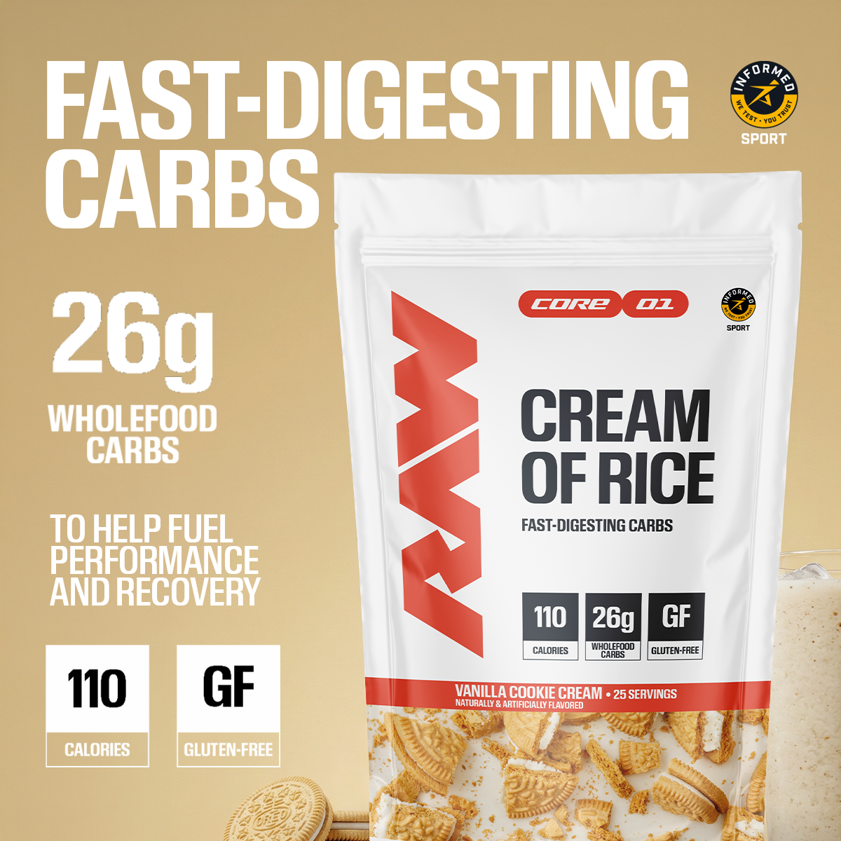 RAW Nutrition Cream of Rice Vanilla Cookie Cream - 26g fast-digesting carbs