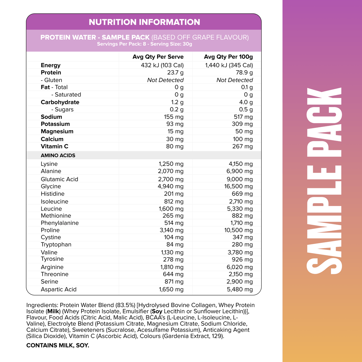 Muscle Nation Protein Water Sample Pack nutrition information