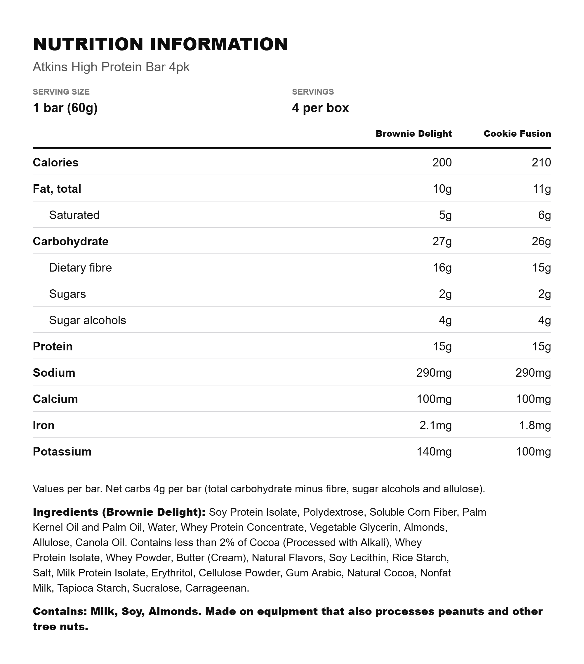 Atkins High Protein Bar 4pk nutrition information Atkins High Protein Bar 4pk nutrition information