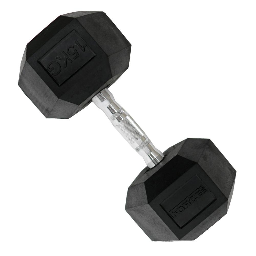 Force USA Rubber Hex Dumbbells on a rack