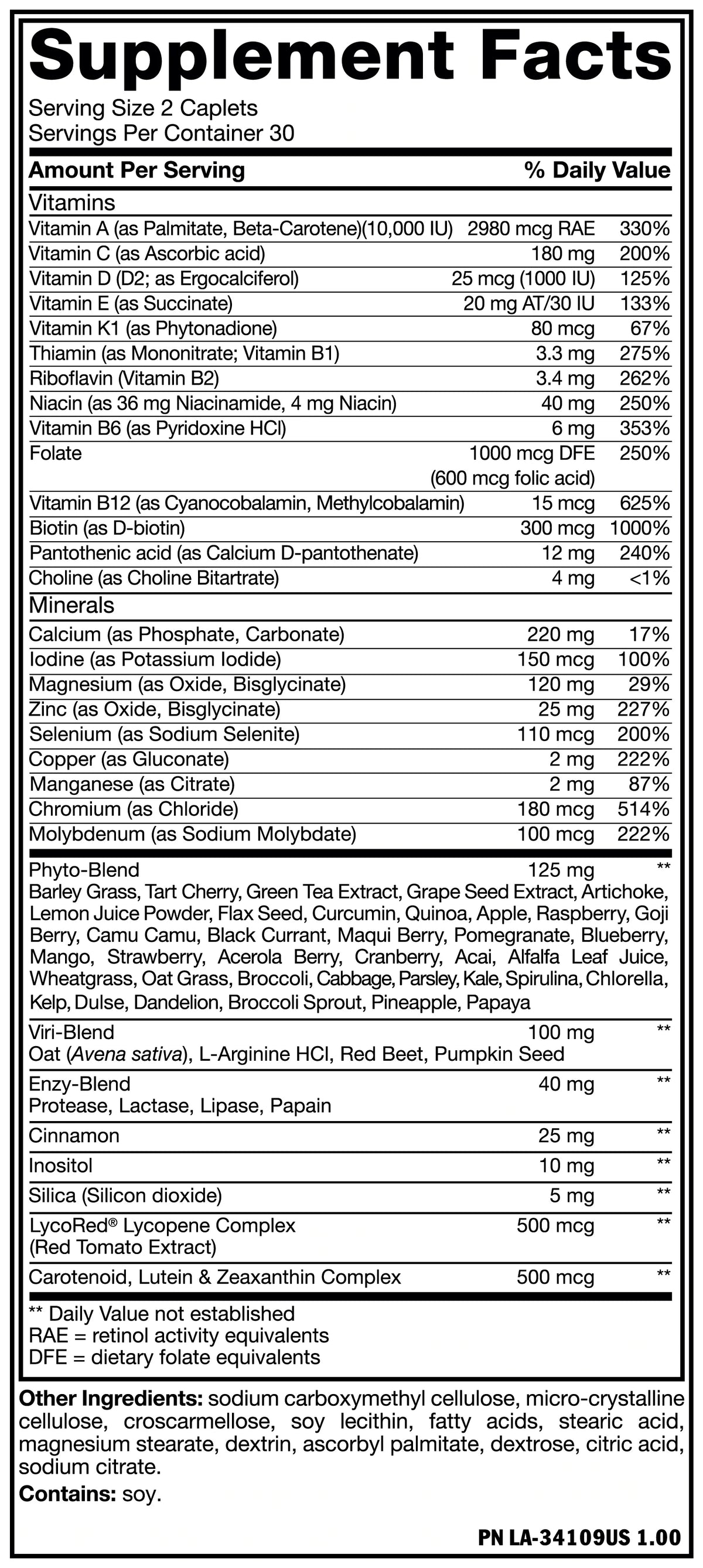Mutant Multi Vitamin supplement facts