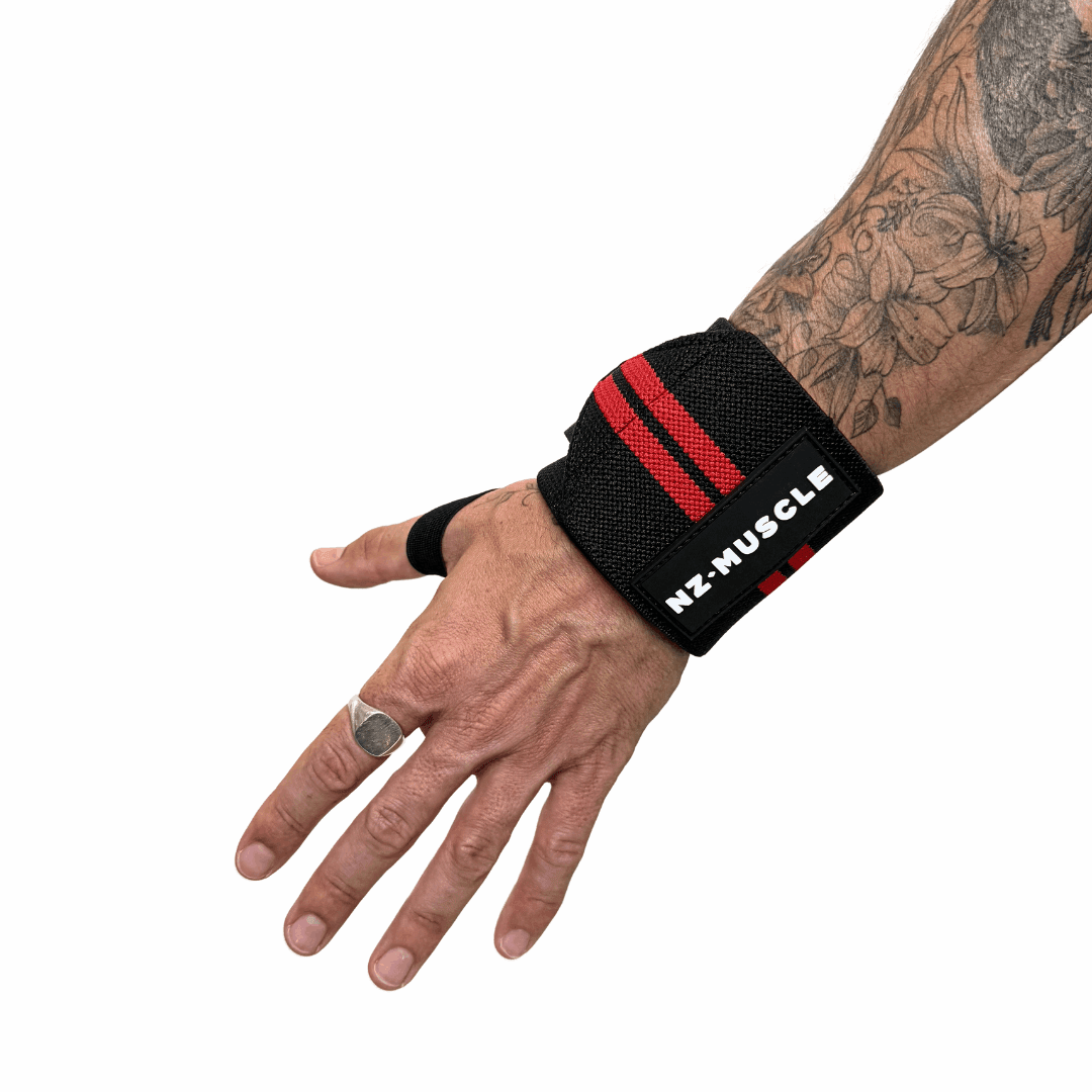 NZ Muscle Wrist Wraps, Black/Red - Elastic/Velcro - NZ Muscle