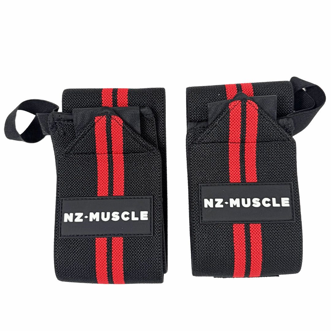 NZ Muscle Wrist Wraps, Black/Red - Elastic/Velcro - NZ Muscle