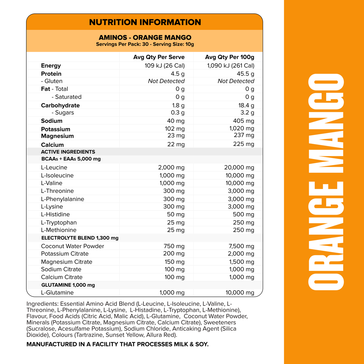 Muscle Nation Aminos Orange Mango nutrition information