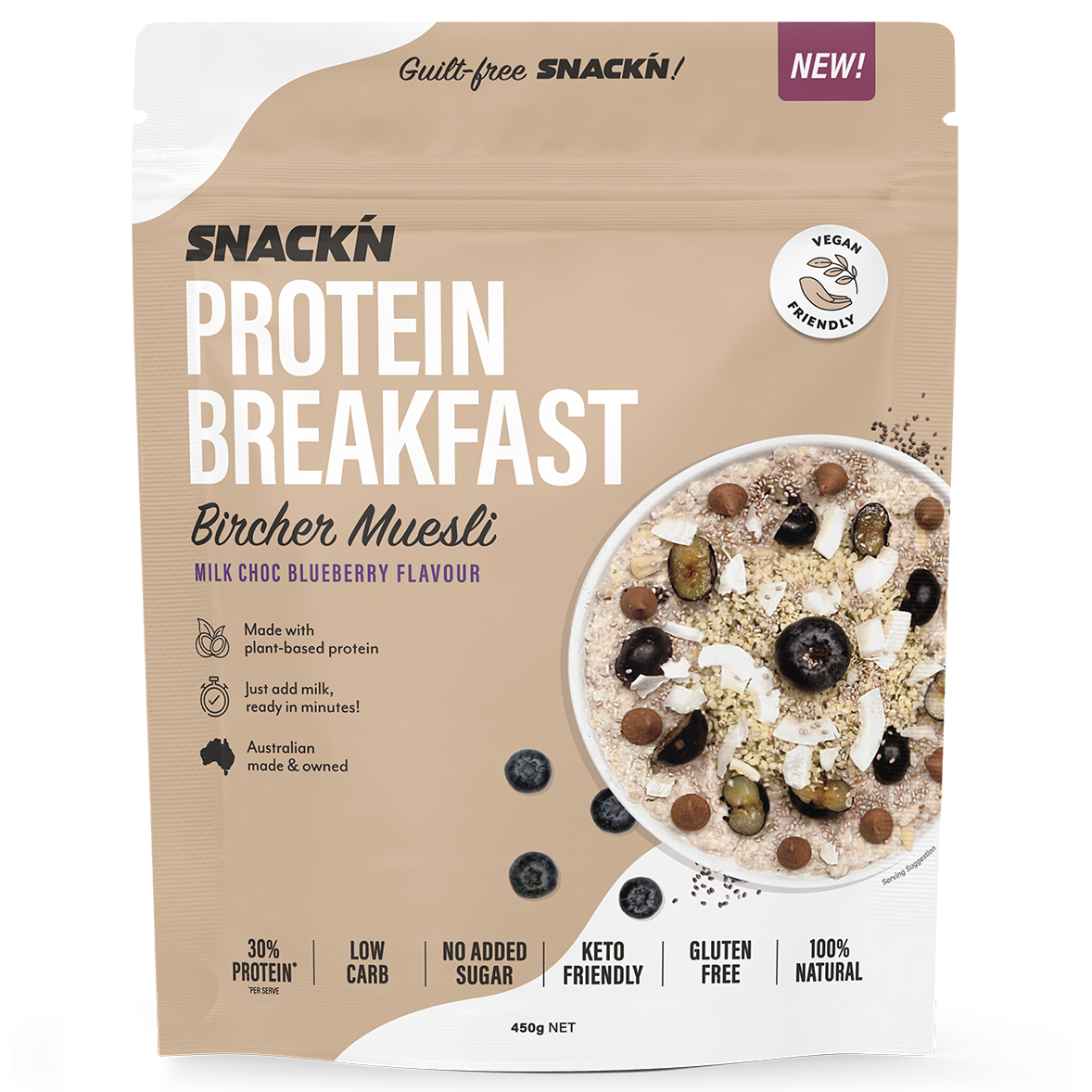 Snackn Protein Breakfast Bircher Muesli 450g Milk Choc Blueberry
