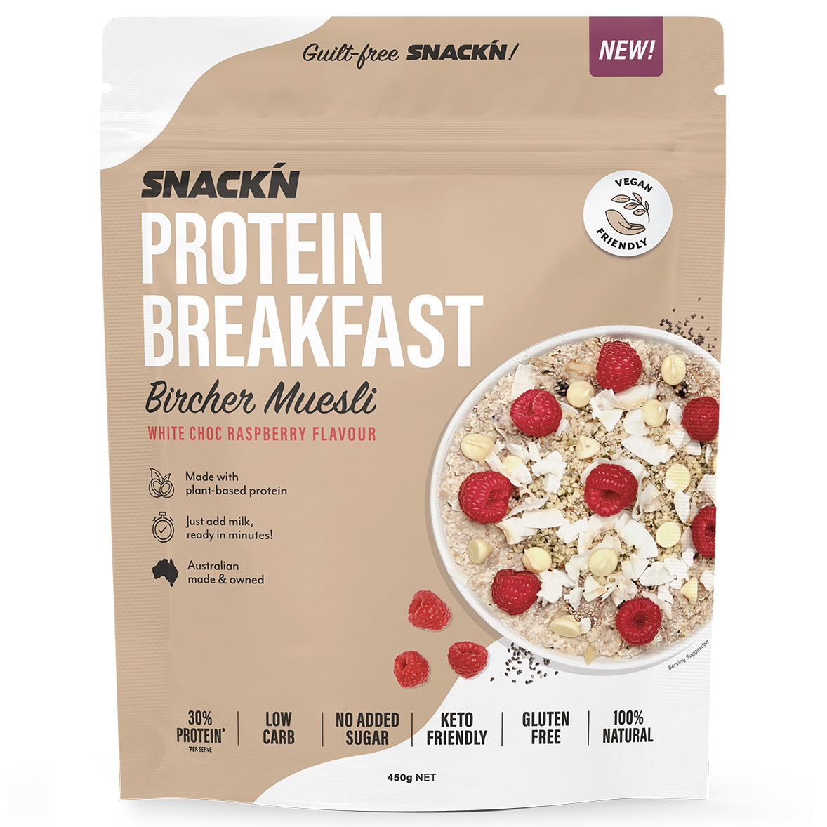 Snackn Protein Breakfast Bircher Muesli 450g White Choc Raspberry