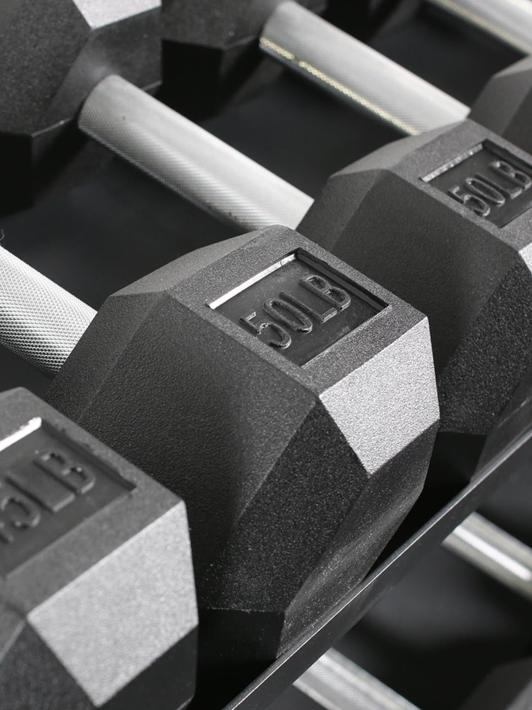 Force USA rubber hex dumbbell embossed weight marking