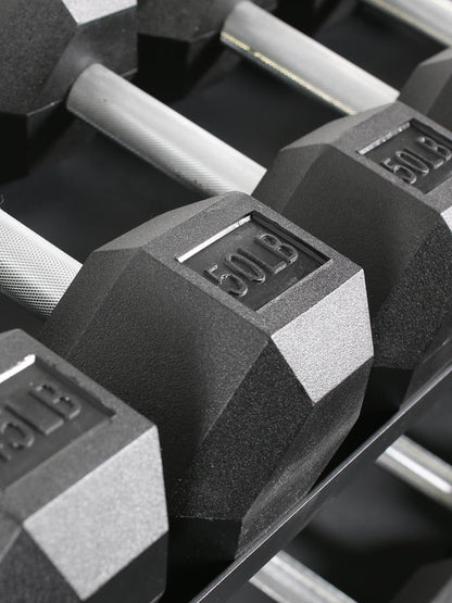 Force USA rubber hex dumbbell embossed weight marking
