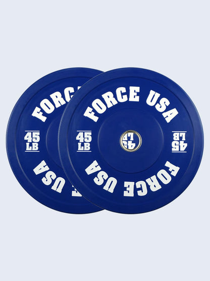 Force USA Pro Grade bumper plates stacked