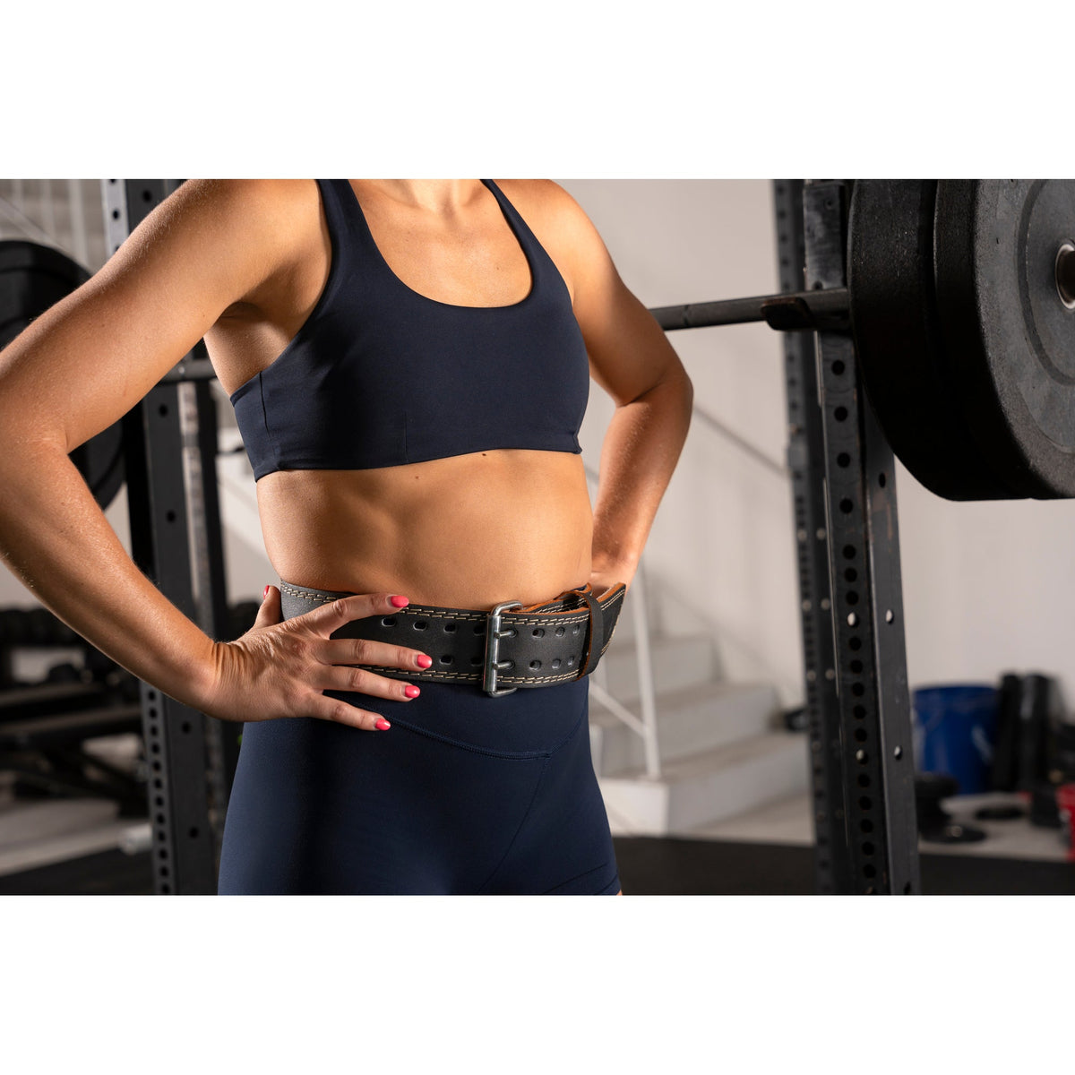Harbinger 4 Inch Padded Leather Belt 2.0 worn in the gym