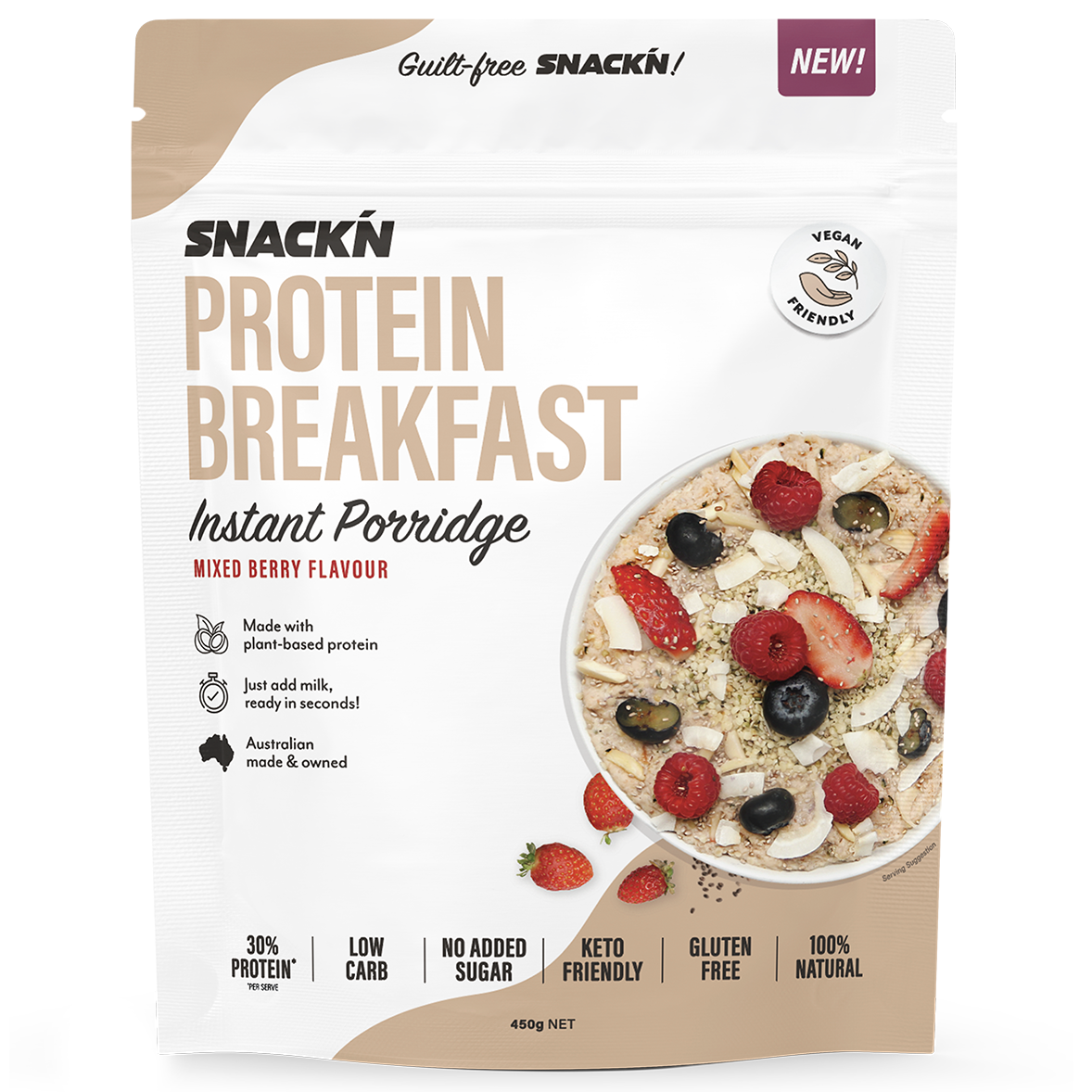 Snackn Protein Breakfast Instant Porridge 450g Mixed Berry