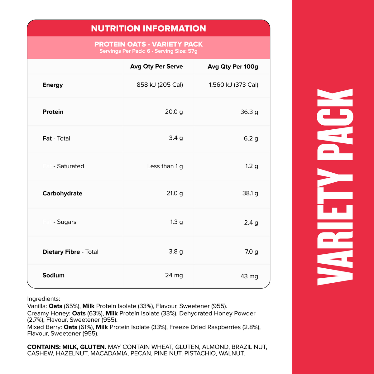 Muscle Nation Protein Quick Oats Variety Pack nutrition information