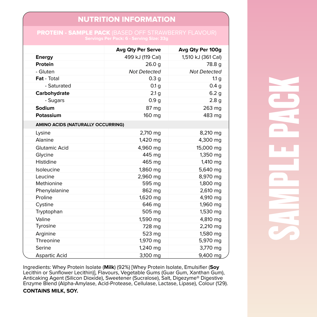 Muscle Nation Whey Isolate Sample Pack nutrition information