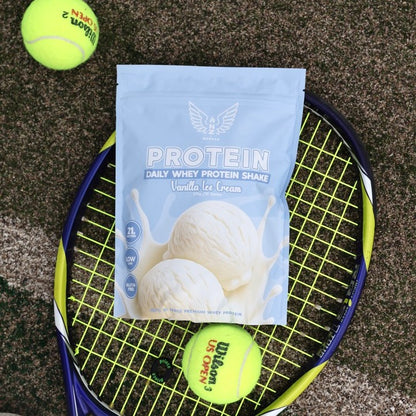 NZ Muscle Daily Whey Protein Vanilla lifestyle at the tennis court