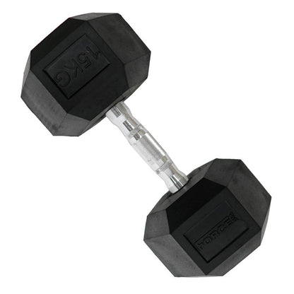 Force USA Rubber Hex Dumbbells on a rack