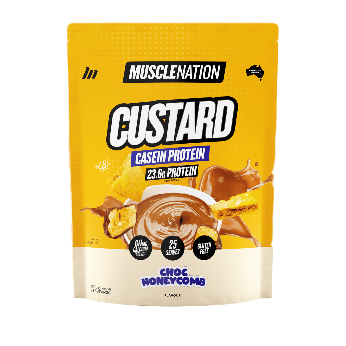 Muscle Nation Custard Casein Protein 1kg Choc Honeycomb