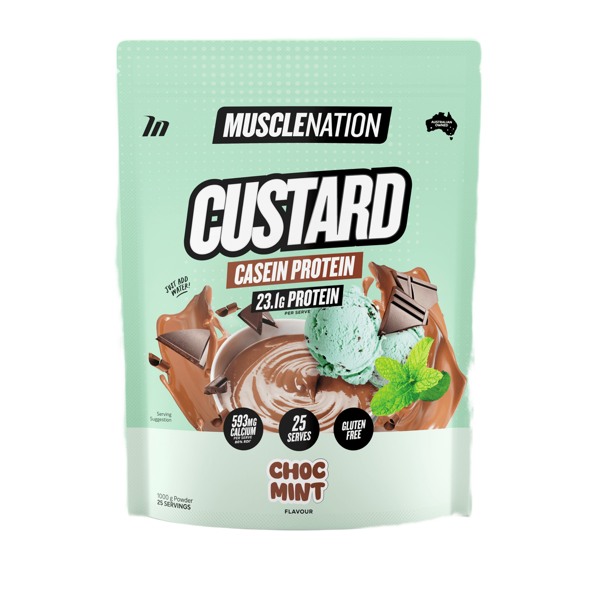 Muscle Nation Custard Casein Protein 1kg Choc Mint