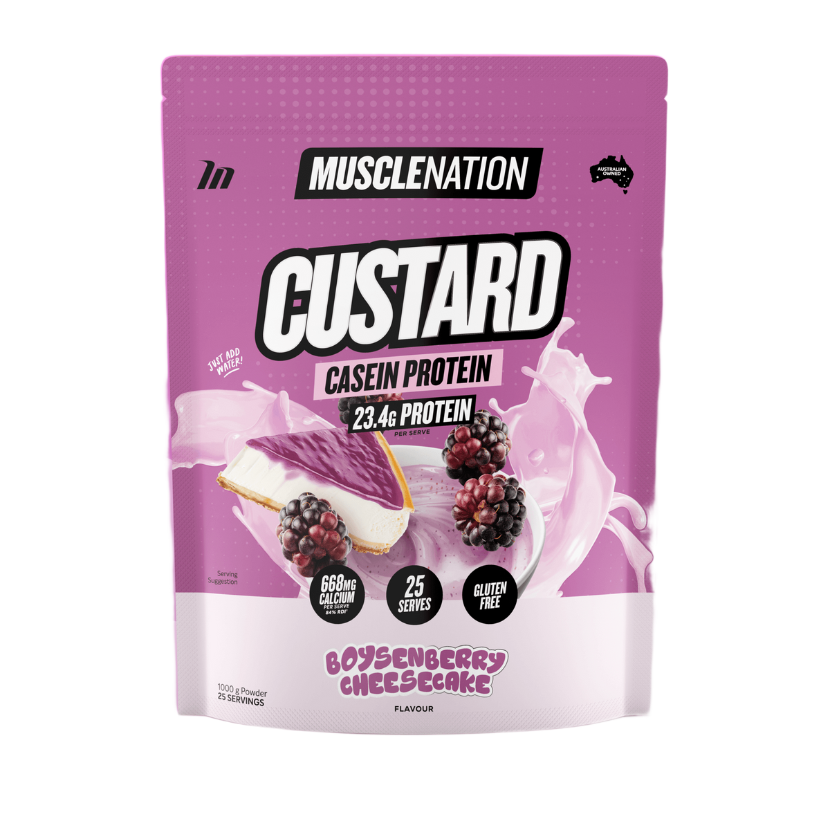 Muscle Nation Custard Casein Protein 1kg Boysenberry Cheesecake