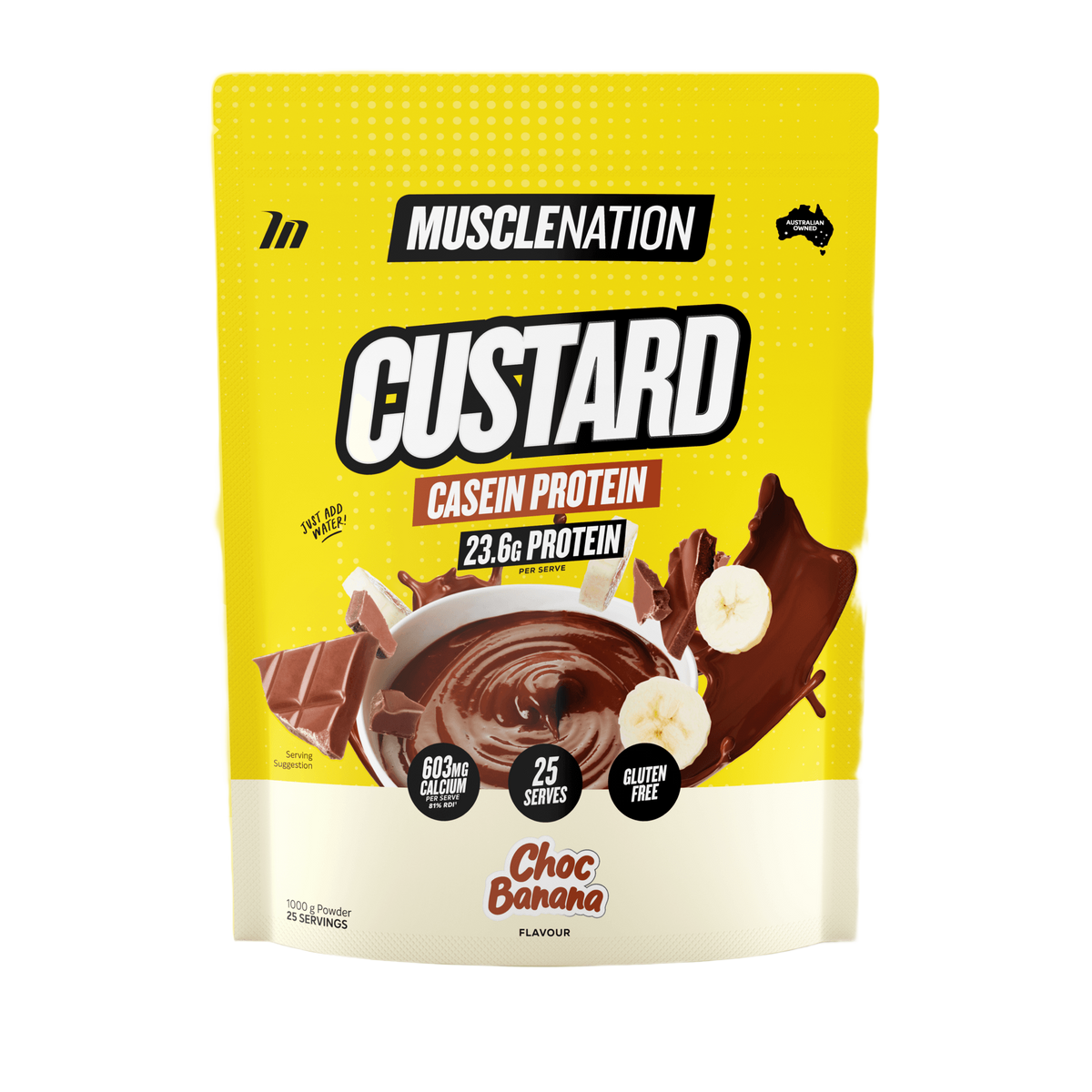 Muscle Nation Custard Casein Protein 1kg Choc Banana