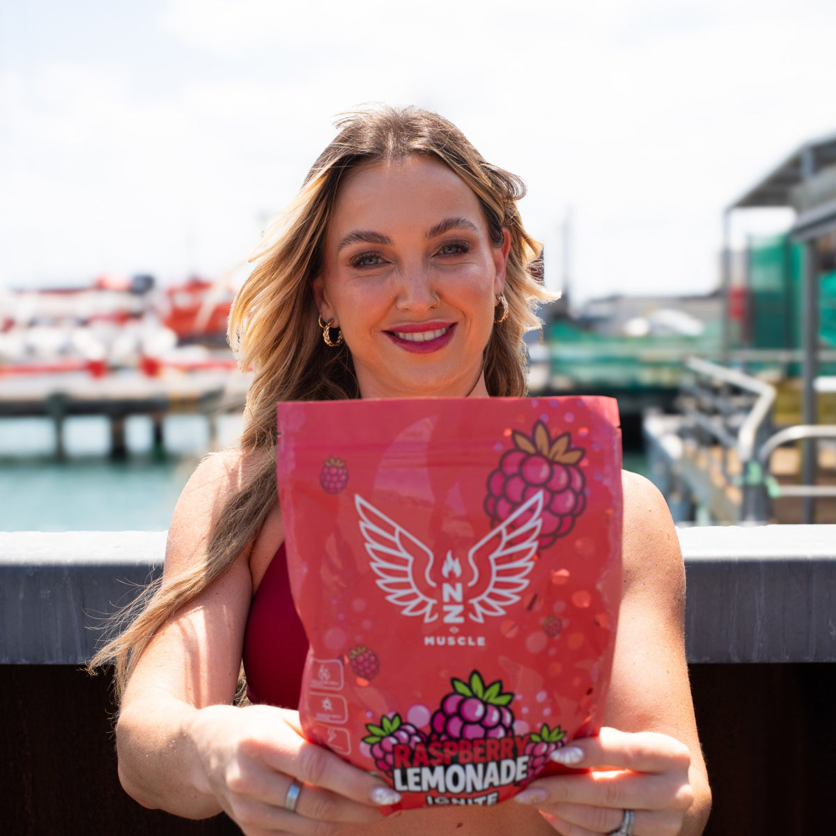 NZ Muscle Ignite Raspberry Lemonade lifestyle with Kayla