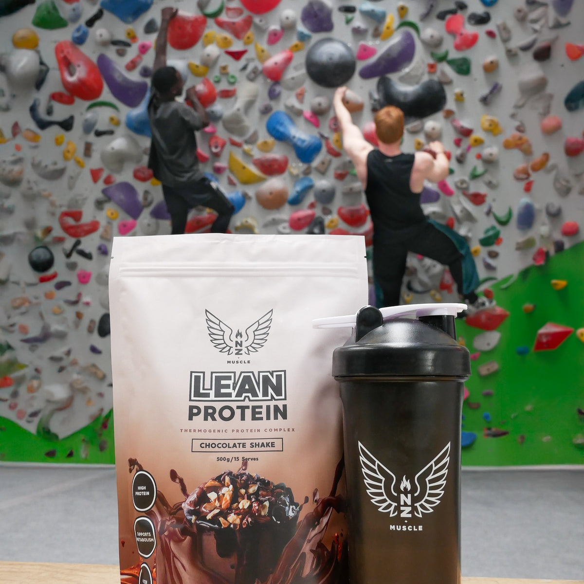 NZ Muscle Lean Protein Chocolate Shake with shaker lifestyle