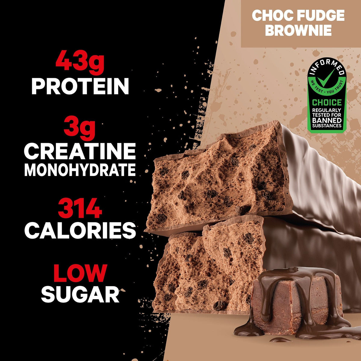 Musashi High Protein + Creatine Bar Choc Fudge Brownie - 43g protein, 3g creatine