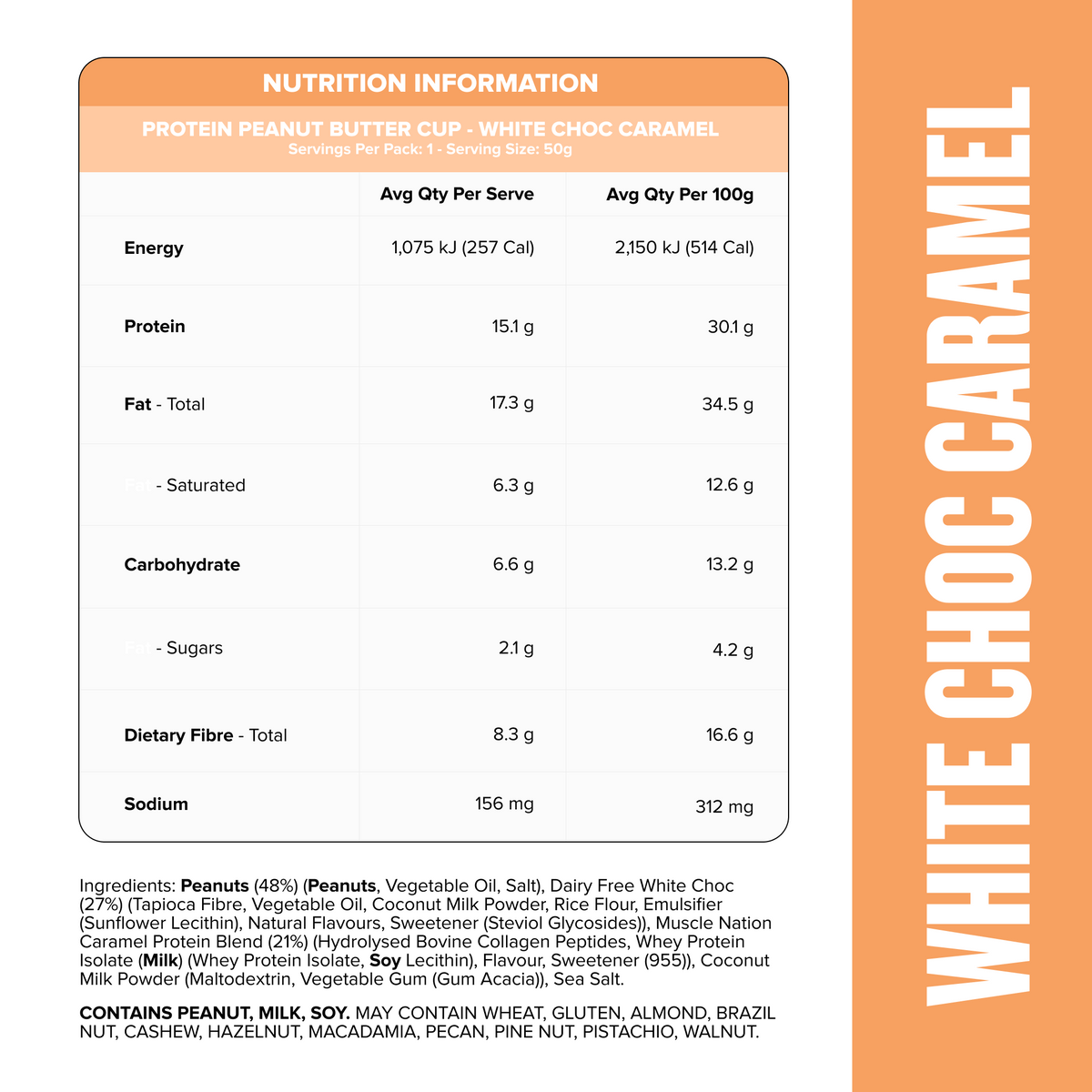 Muscle Nation Peanut Butter Cup White Choc Caramel nutrition information
