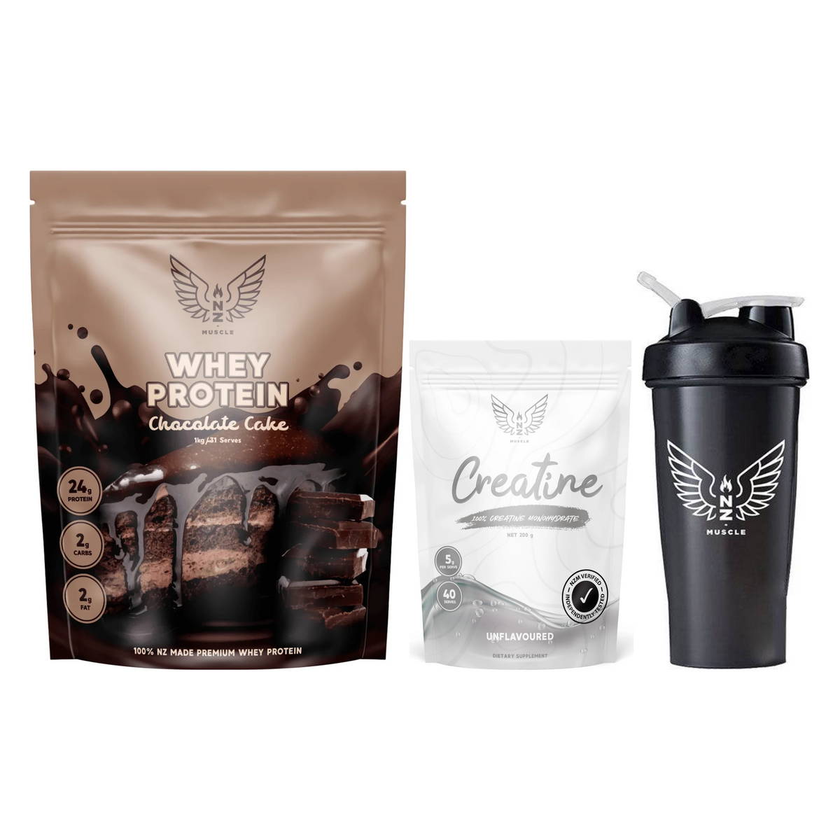 NZ Muscle Starter Bundle: Whey Protein 1kg, Creatine Monohydrate 200g and shaker