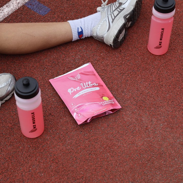 NZ Muscle Pre Ultra Raspberry Lemonade on the running track lifestyle