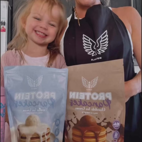 Kayla making NZ Muscle protein pancakes