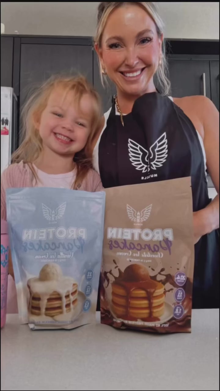 Kayla making NZ Muscle protein pancakes